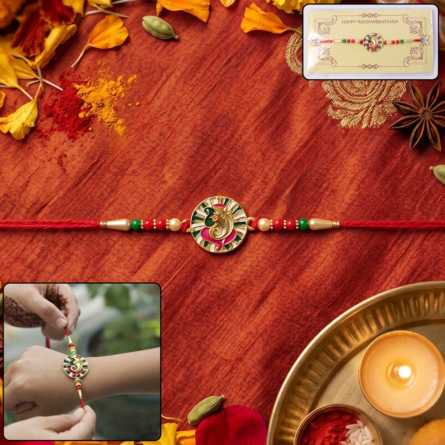 Close-up of Ganesha design on Premium Circular Rakhi