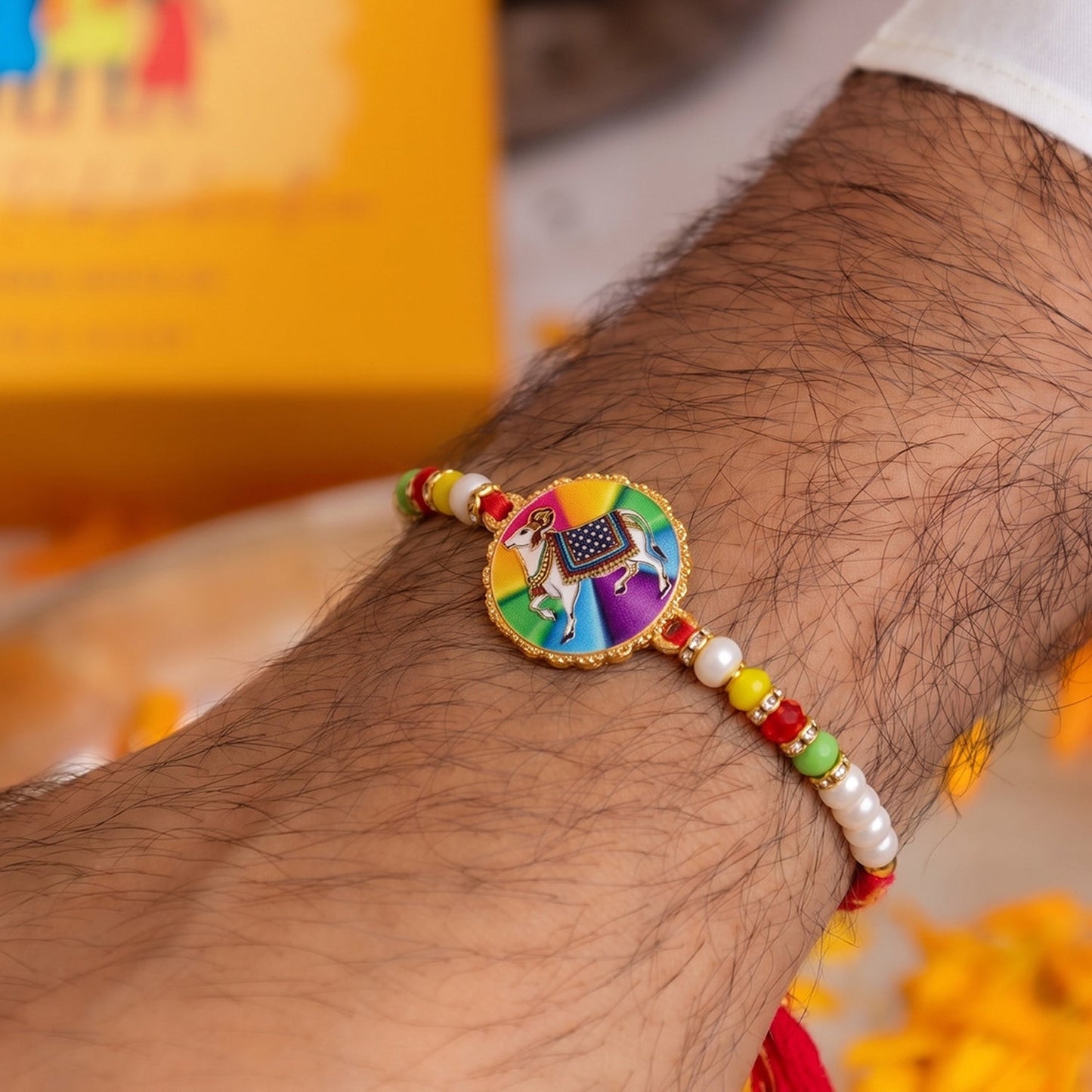 Close-up of traditional cow motif designer rakhi with bead detailing