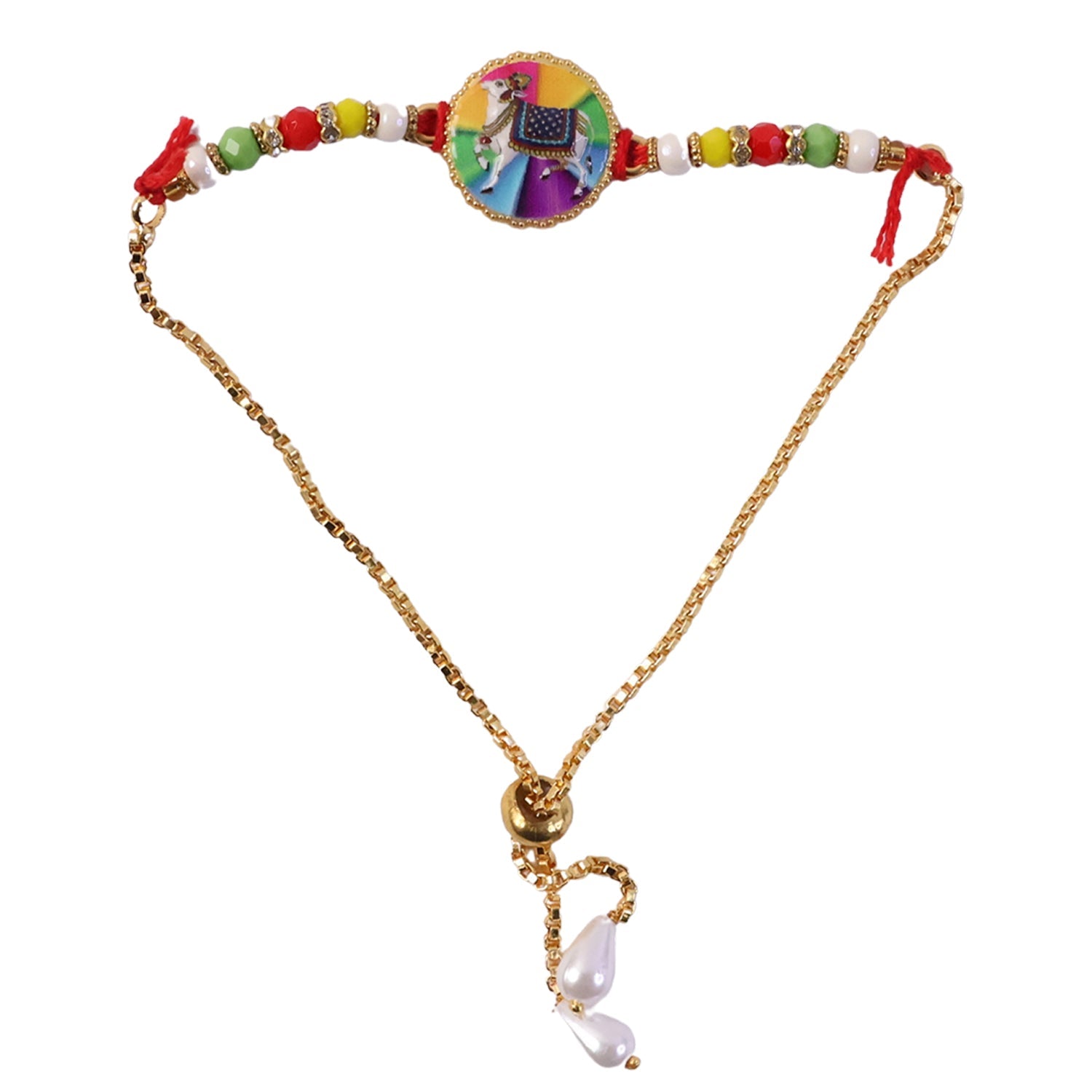 Colorful beaded cow motif rakhi displayed on hand