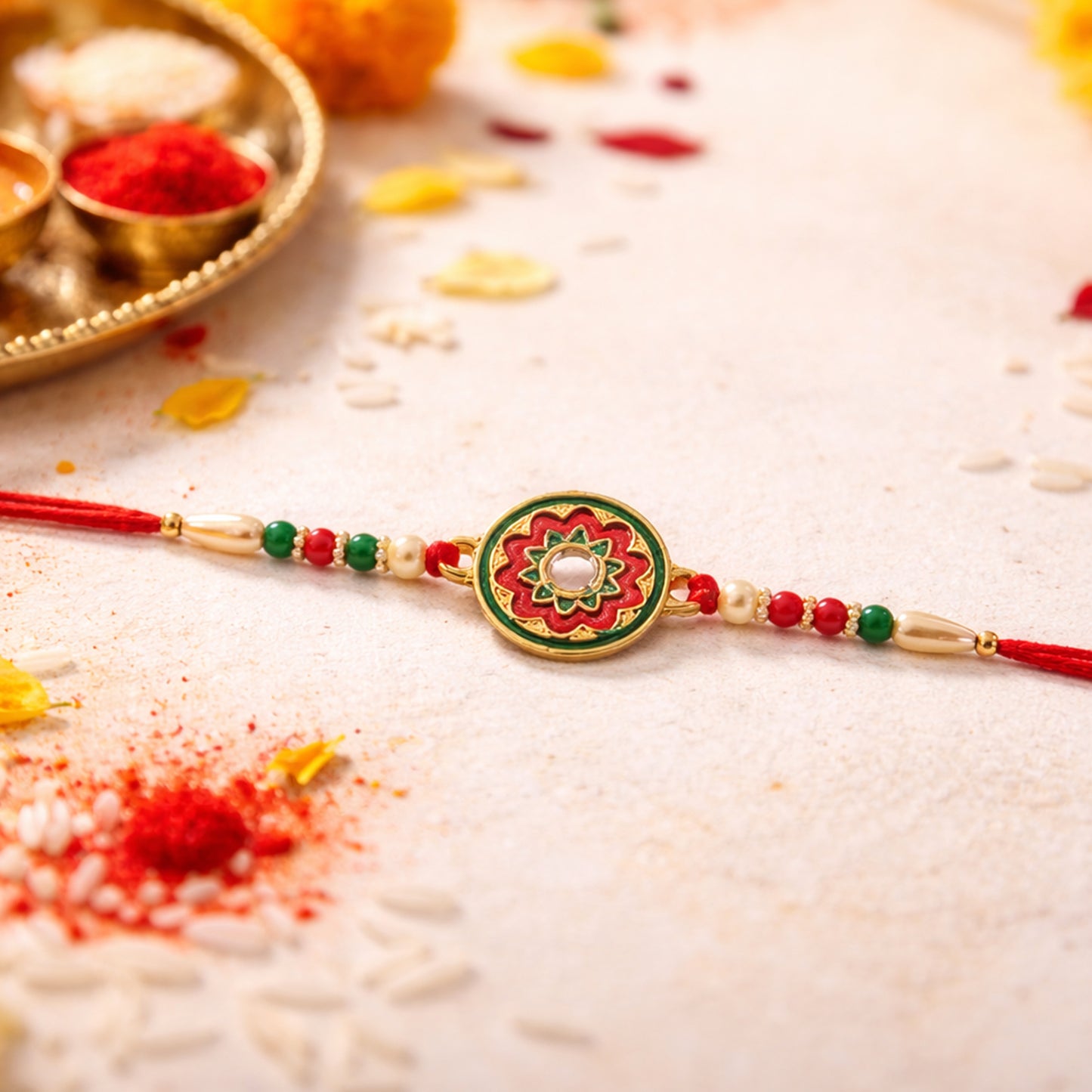 Close-up of floral Rakhi featuring stone and beads