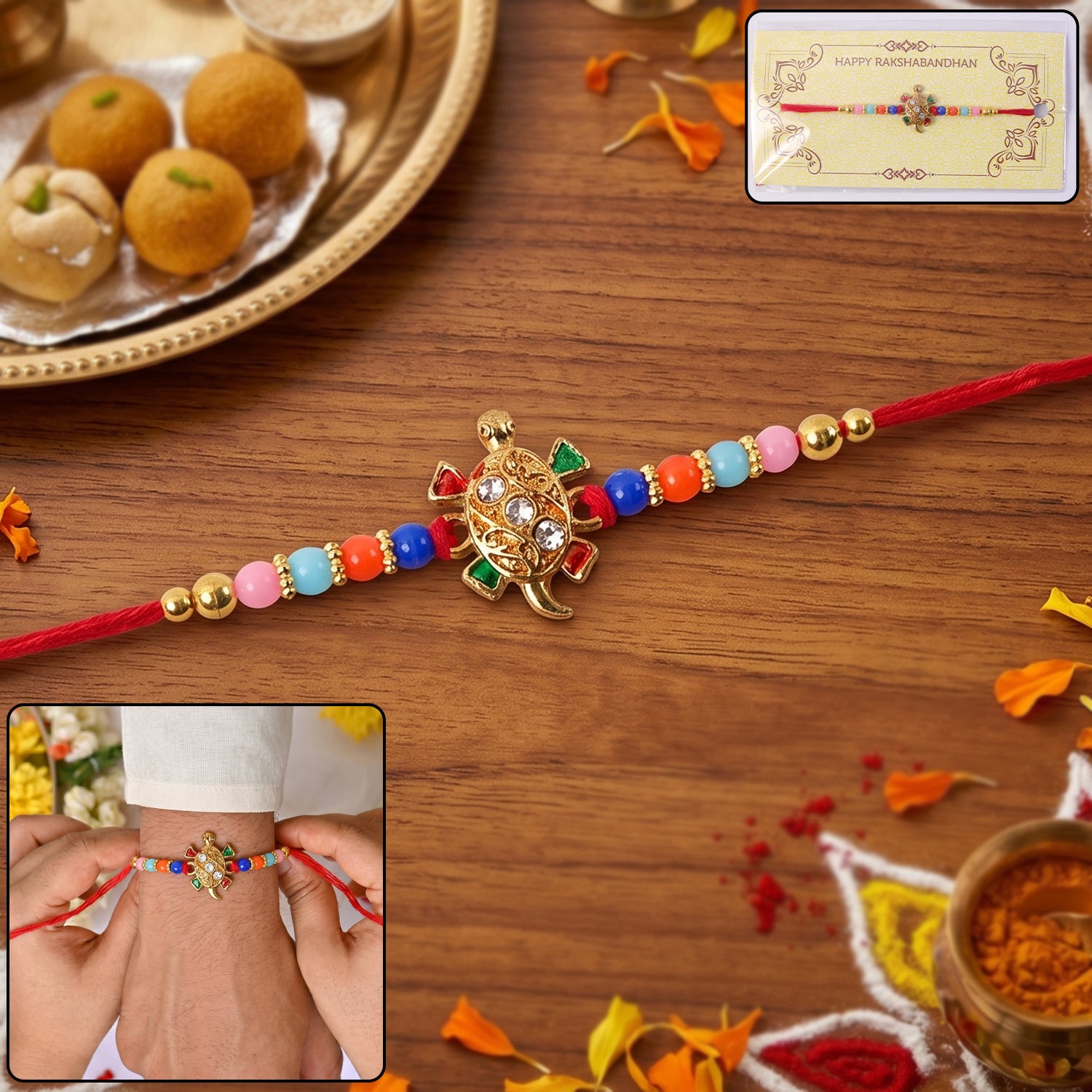 Top view of Cute Turtle Design Rakhi on white background