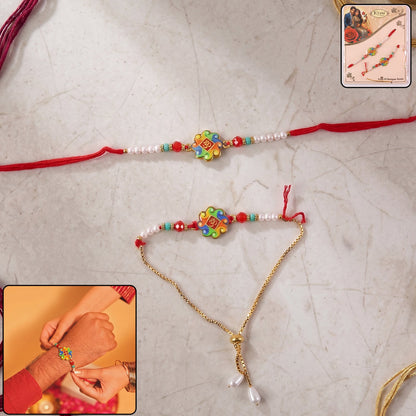 Om Symbol Designer Rakhi with Pearl Beads close-up