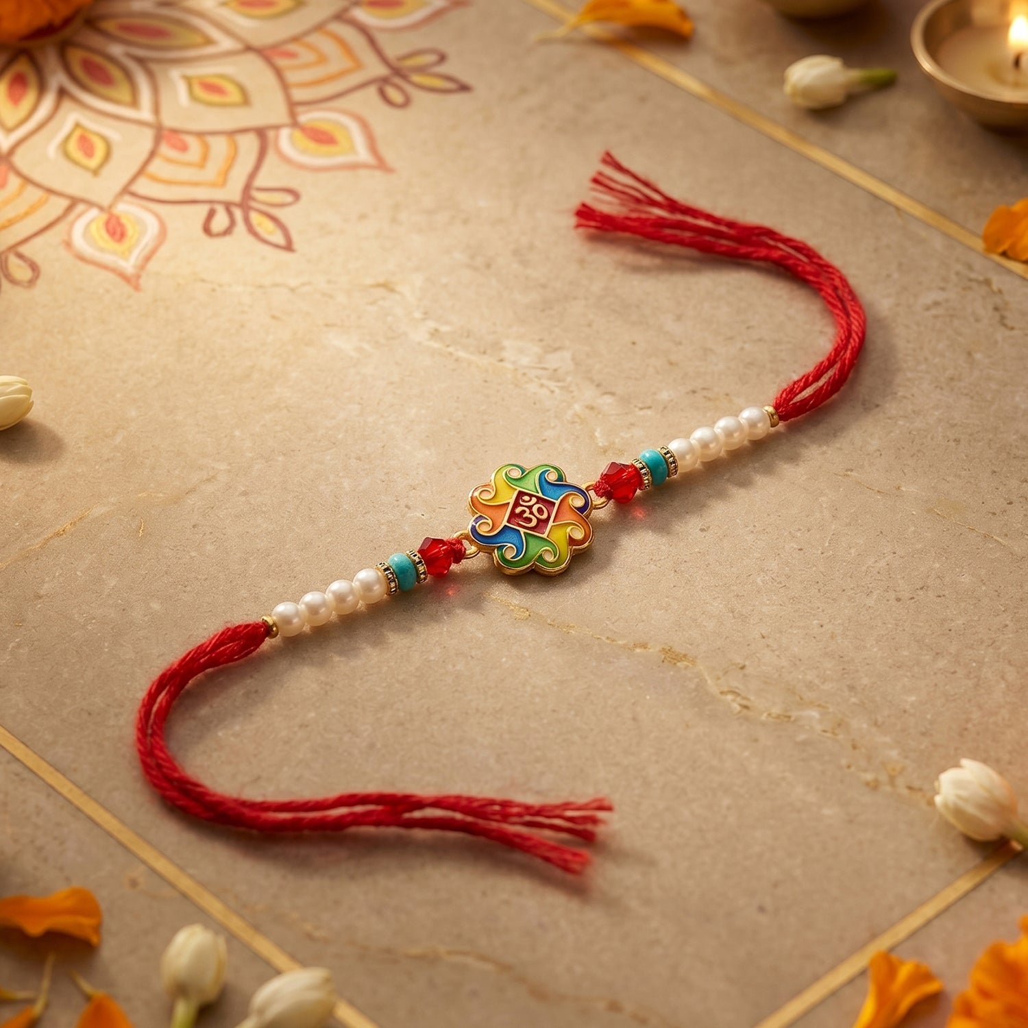 Om Symbol Rakhi laid out showing bead details and thread