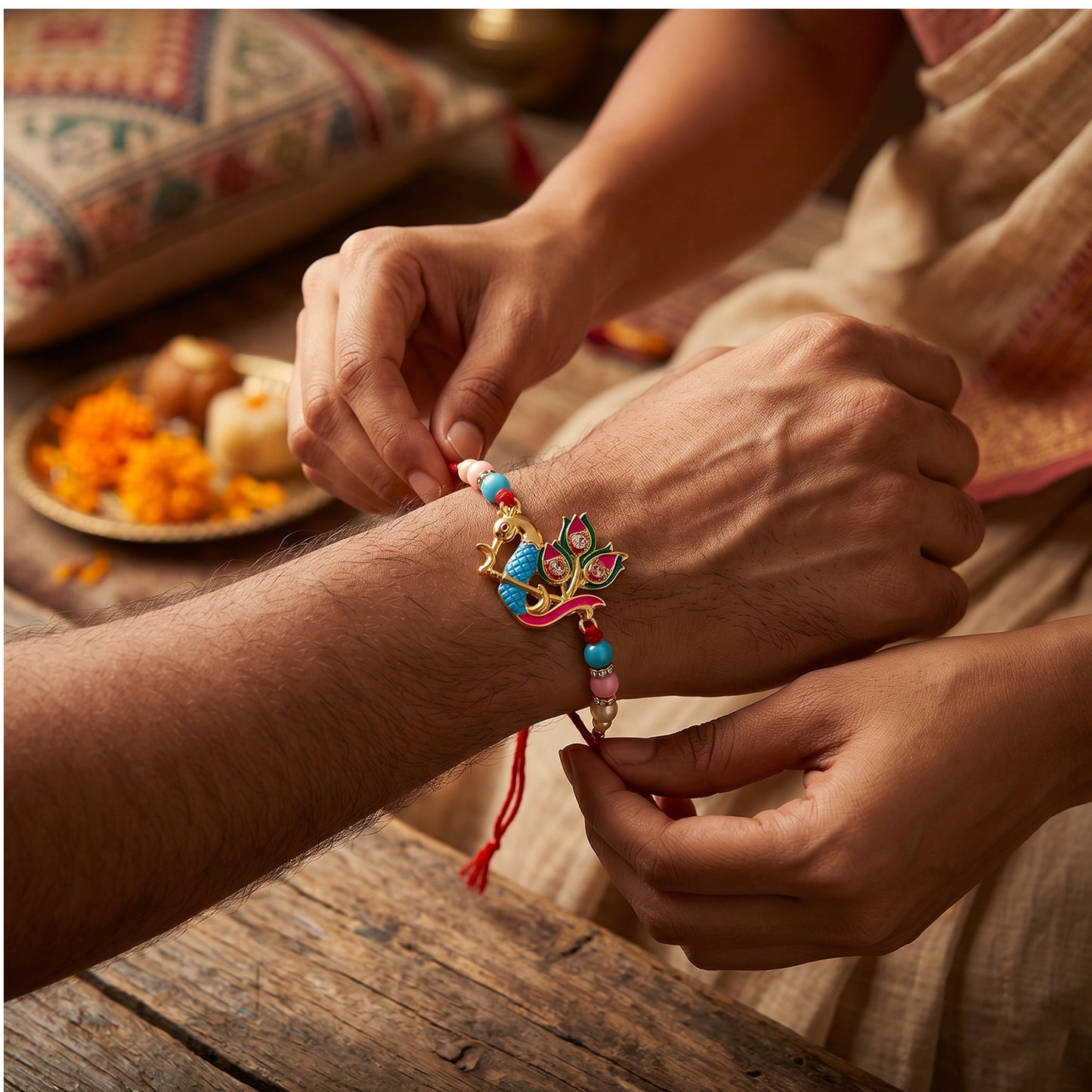 Designer rakhi showing multicolor beads and peacock motif