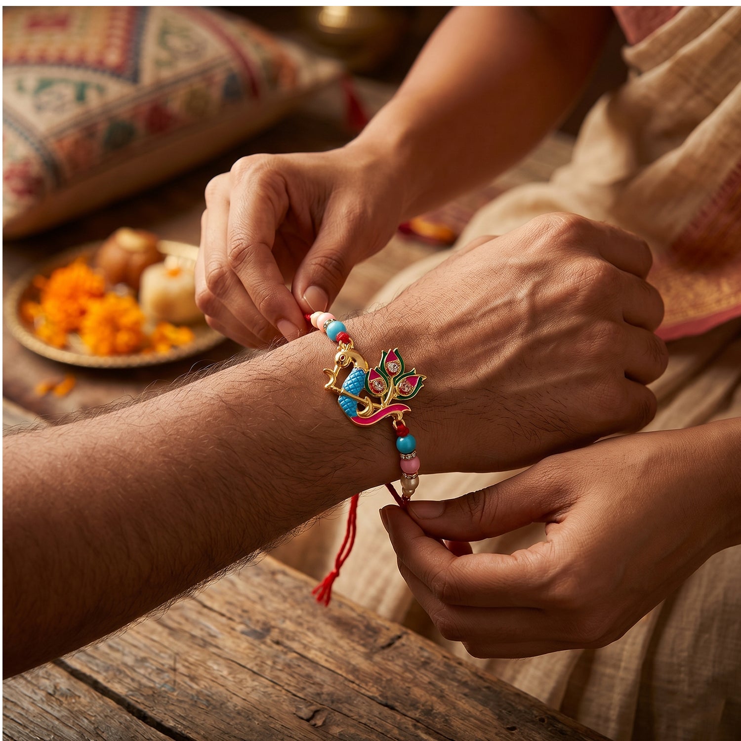 Designer rakhi showing multicolor beads and peacock motif