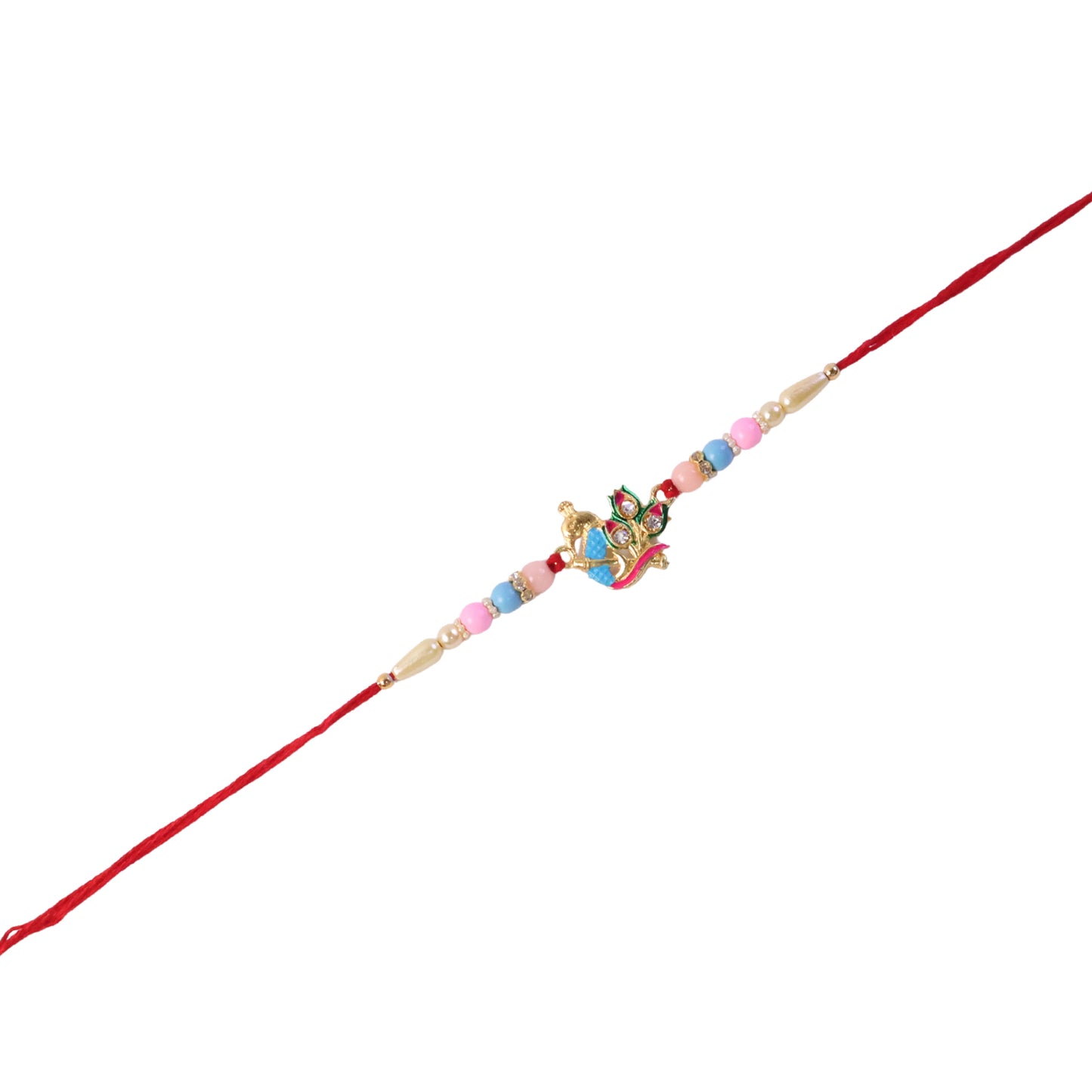 Soft thread rakhi with vibrant peacock centerpiece