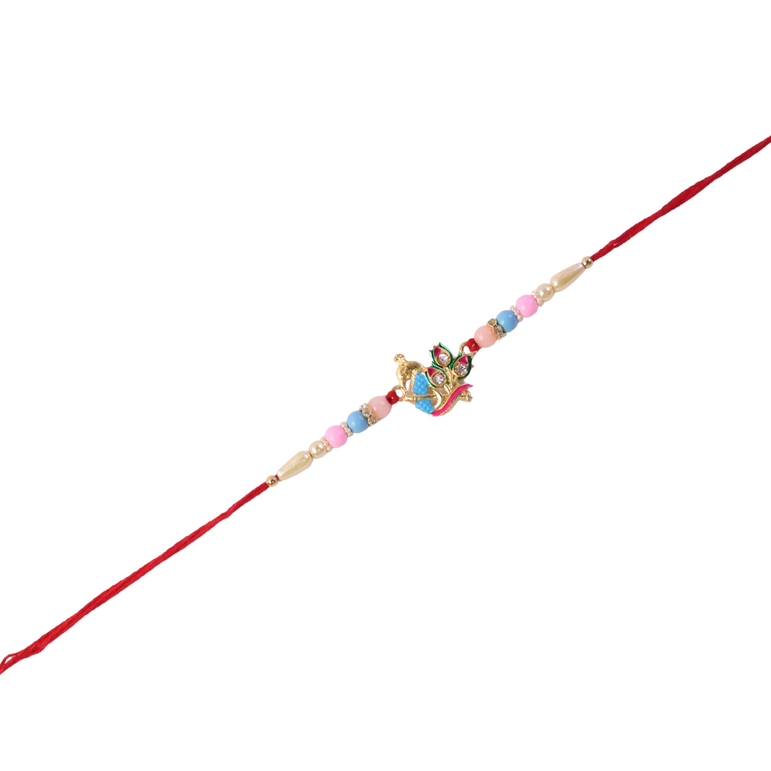 Soft thread rakhi with vibrant peacock centerpiece