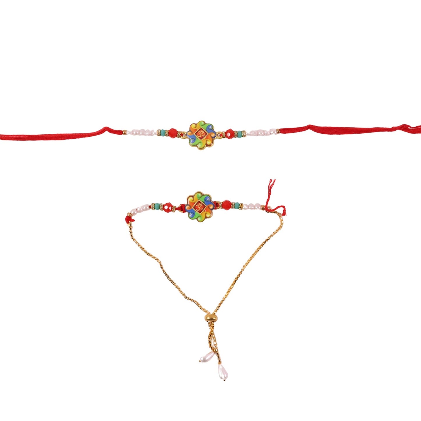 Close-up of pearl beads and thread of Om Symbol Rakhi