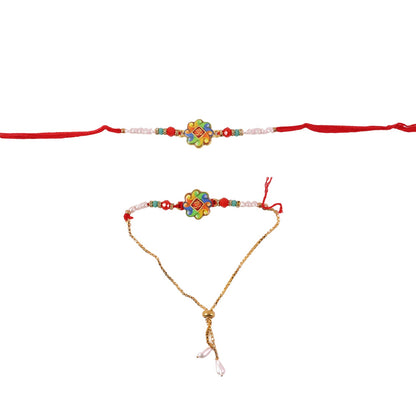 Close-up of pearl beads and thread of Om Symbol Rakhi