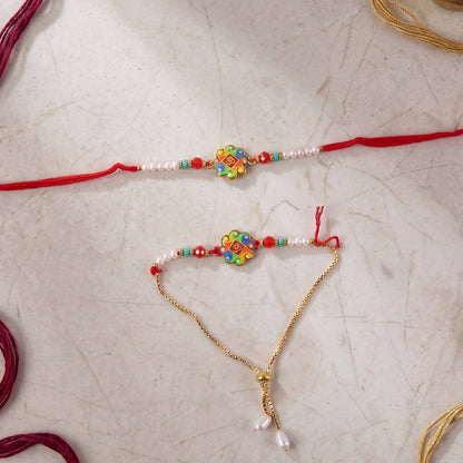 Multiple angles of Om Symbol Rakhi with pearl beads