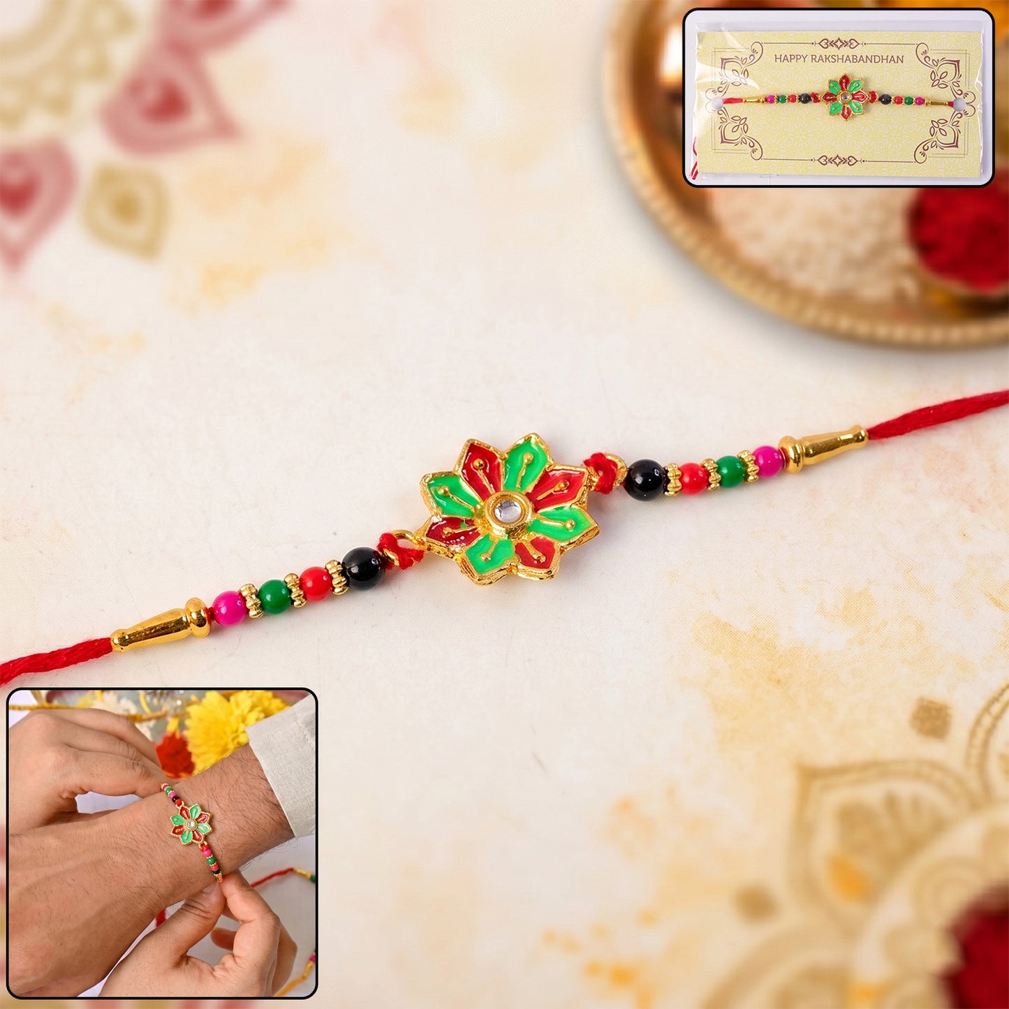 Close-up of floral design rakhi with stones