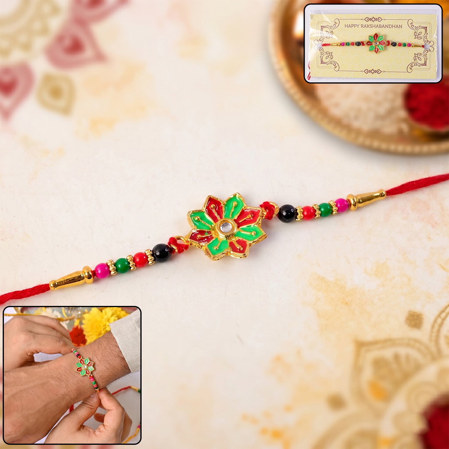 Close-up of floral design rakhi with stones