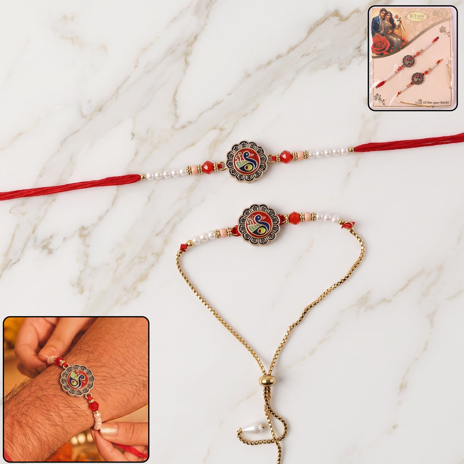 Close-up of decorative pearl beads on Classic Peacock Rakhi