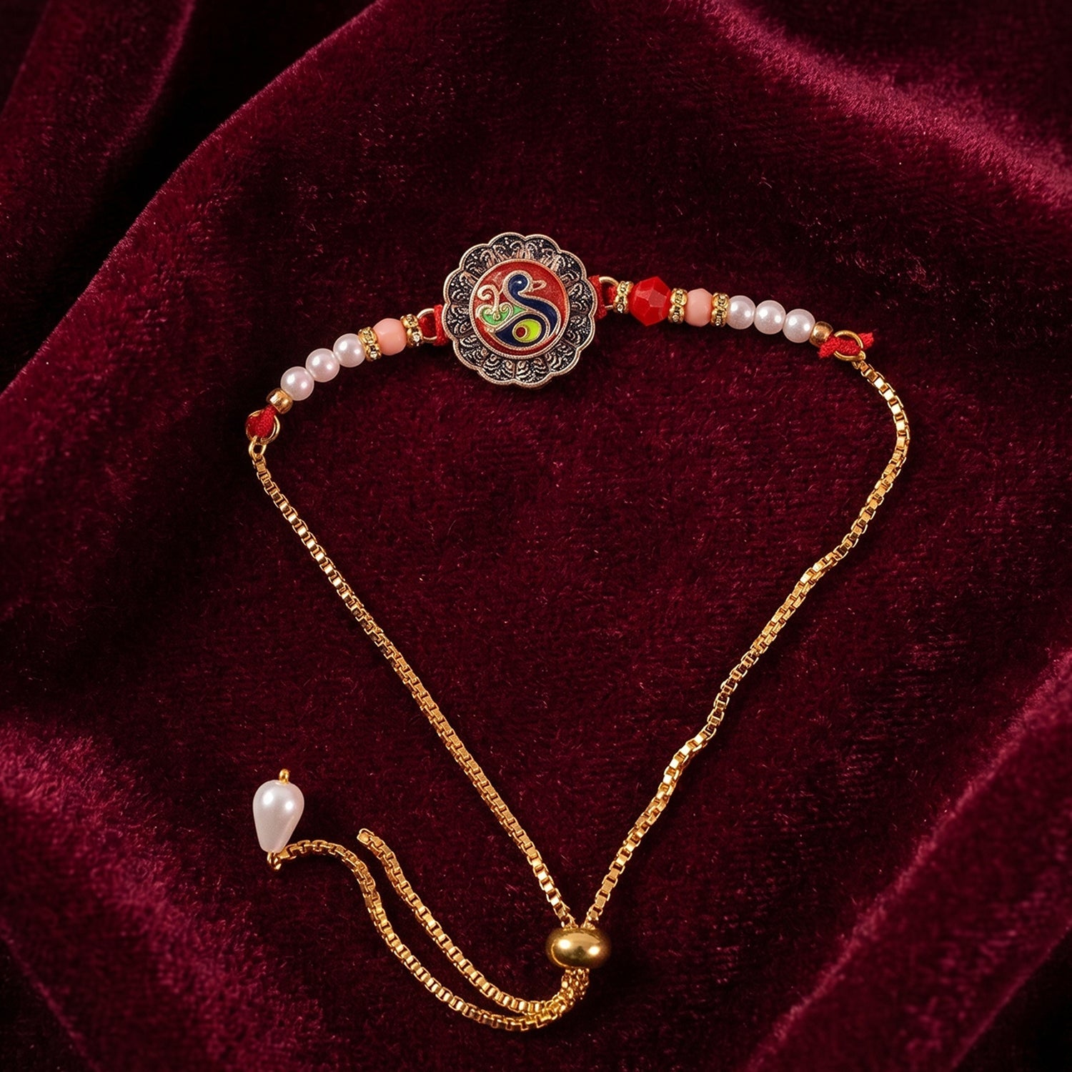 Classic Peacock Rakhi laid out showing full design