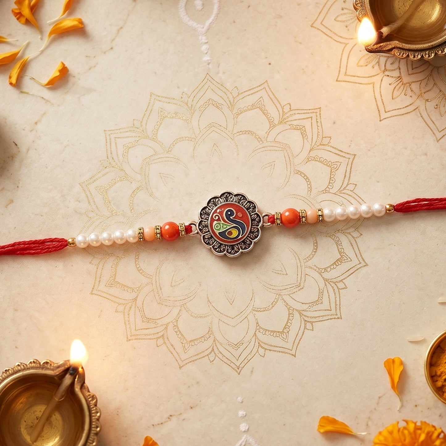 Classic Peacock Designer Rakhi with pearl beads main view