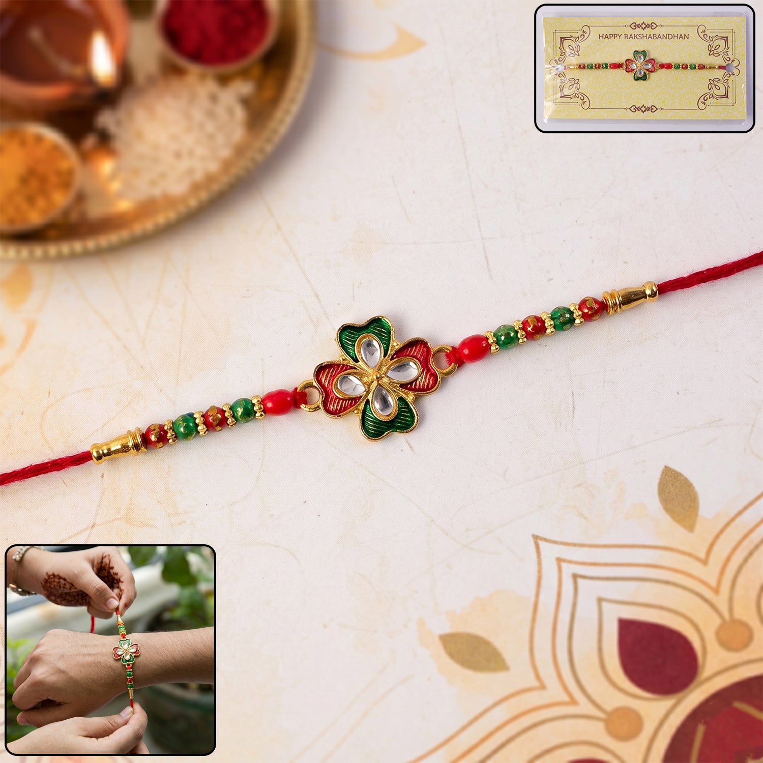 Close-up view of floral designer rakhi with stone centerpiece and beads