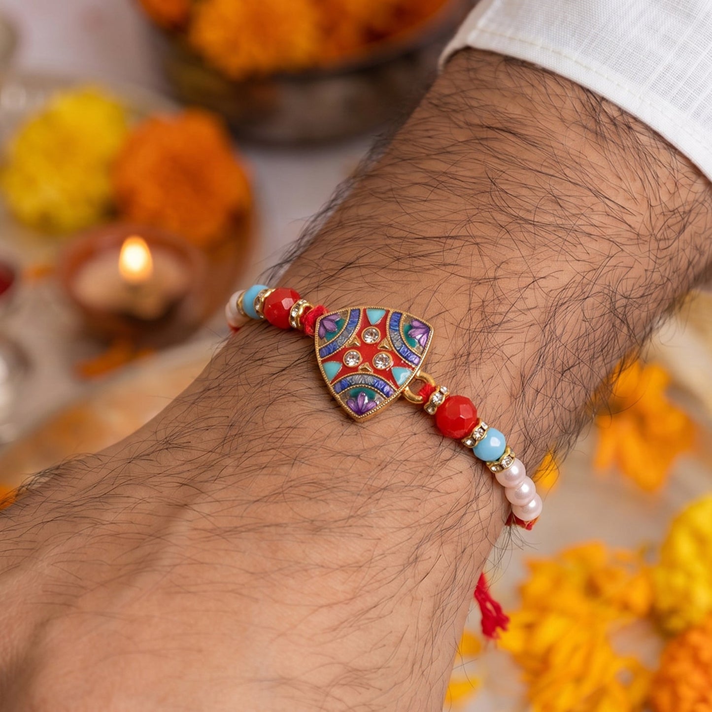 Close-up of Rakhi decorative beads and centerpiece