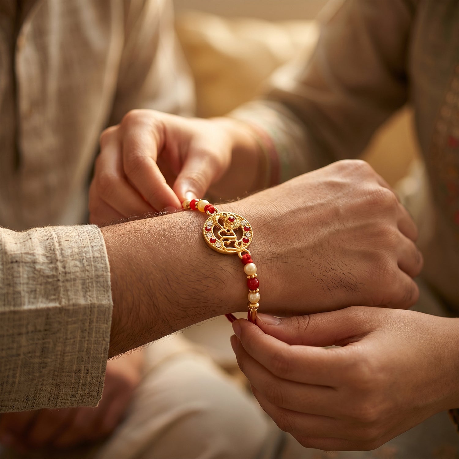 Side view of Radhe Designer Rakhi highlighting thread and stones