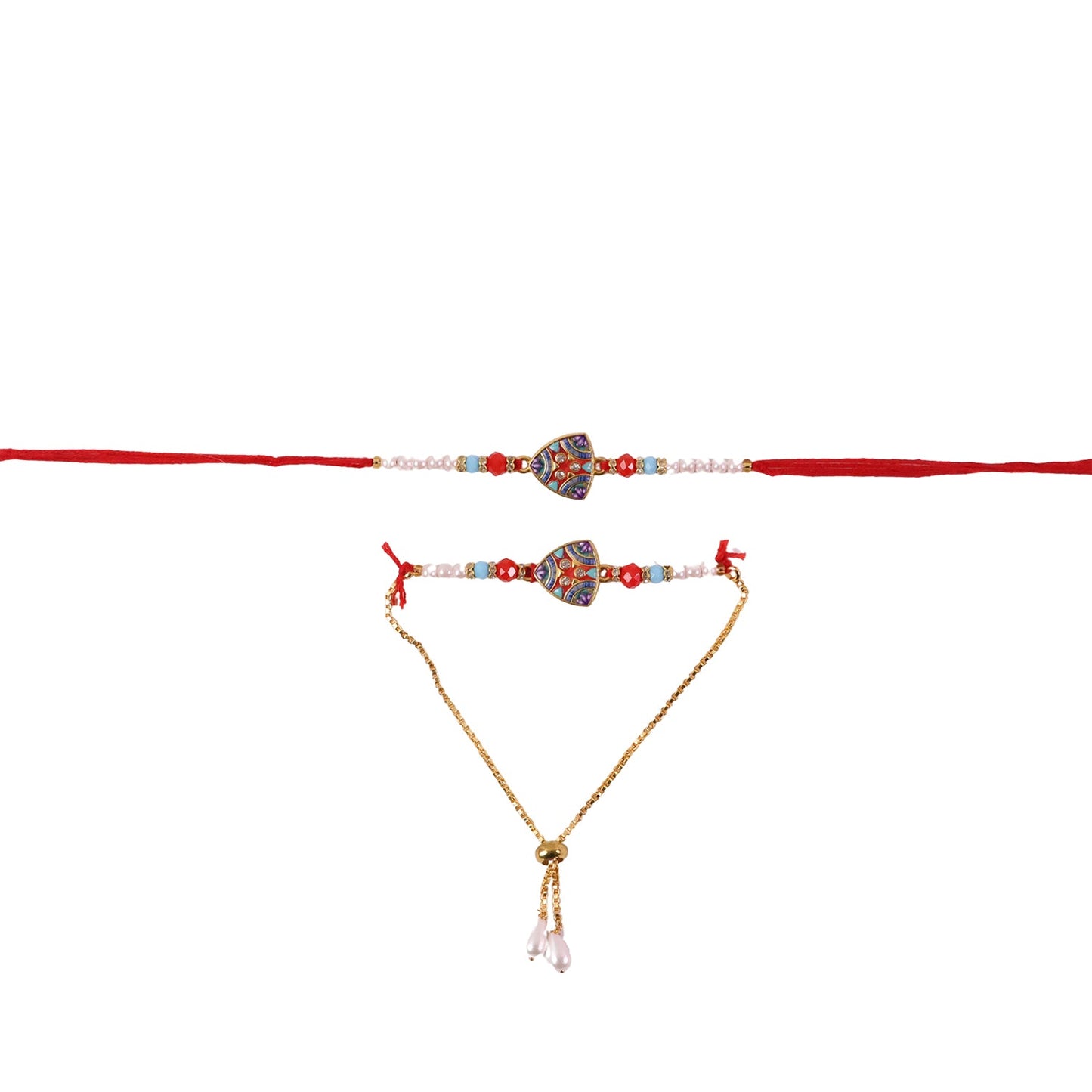 Side angle of designer Rakhi with pearl beads