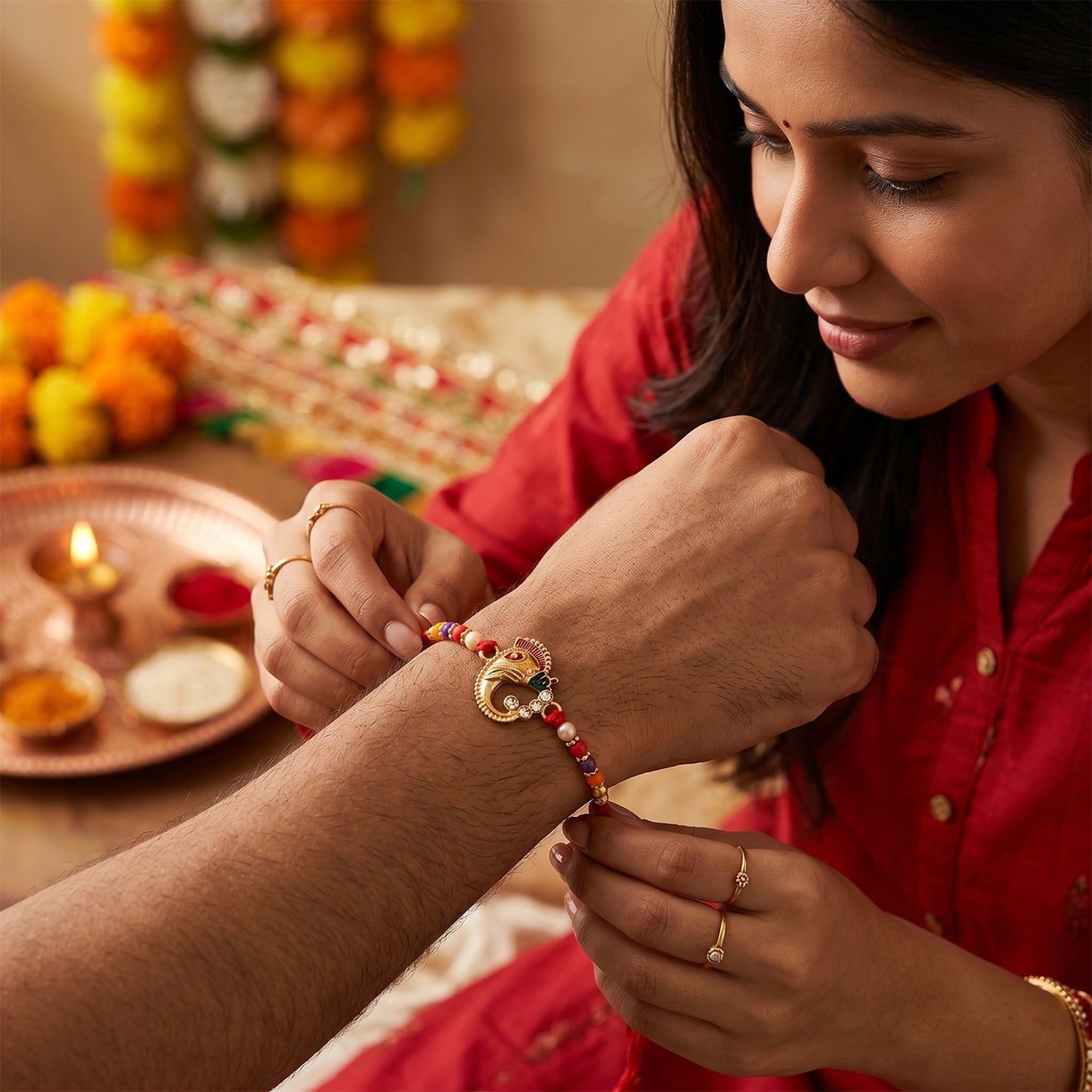Traditional festive rakhi highlighting thread details