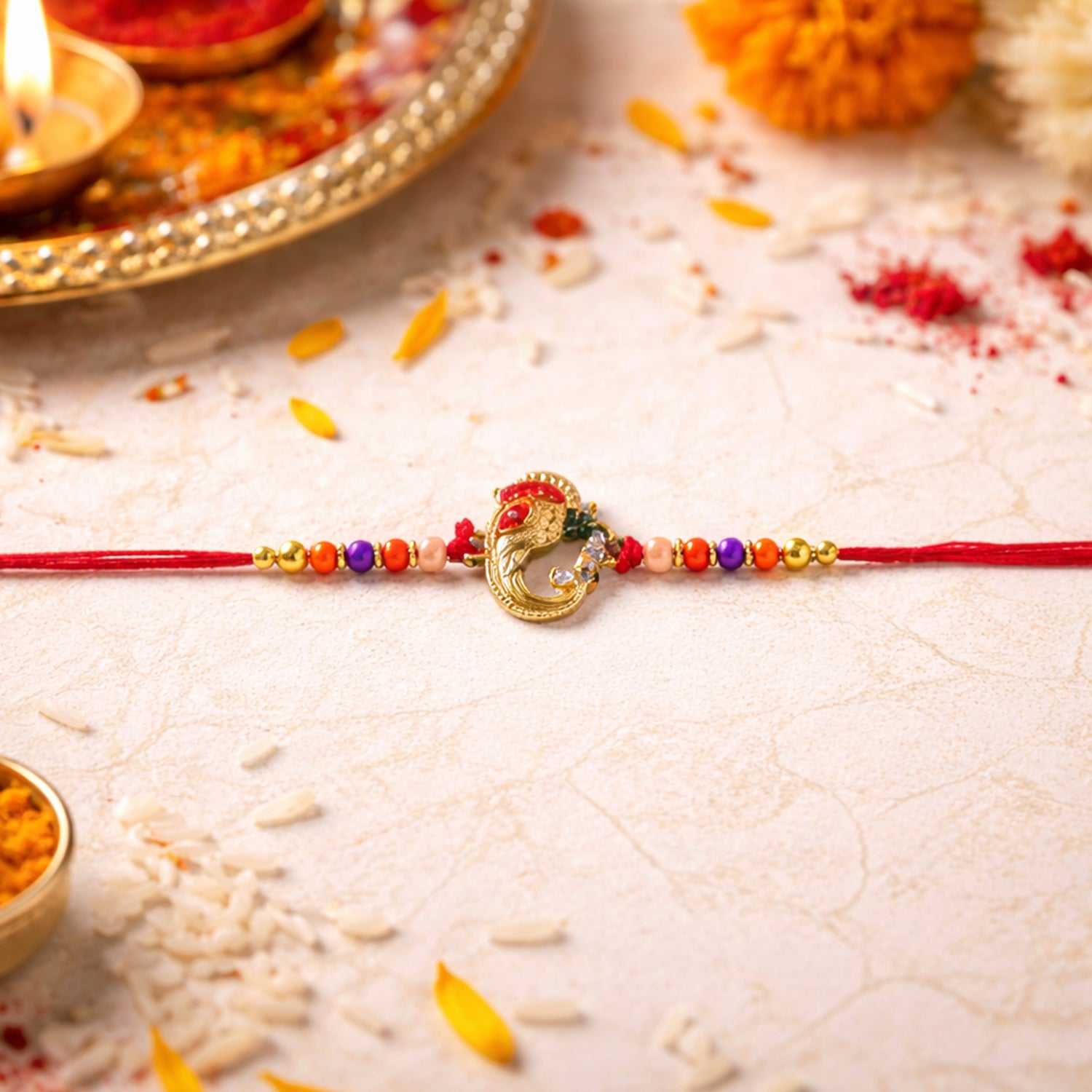 Close-up of premium decorative centerpiece on festive rakhi