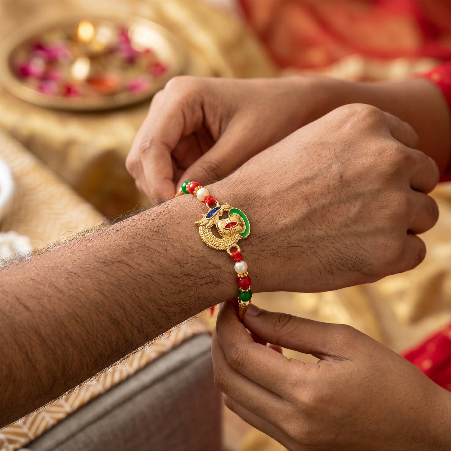 Ganesha rakhi tied on wrist showcasing design details