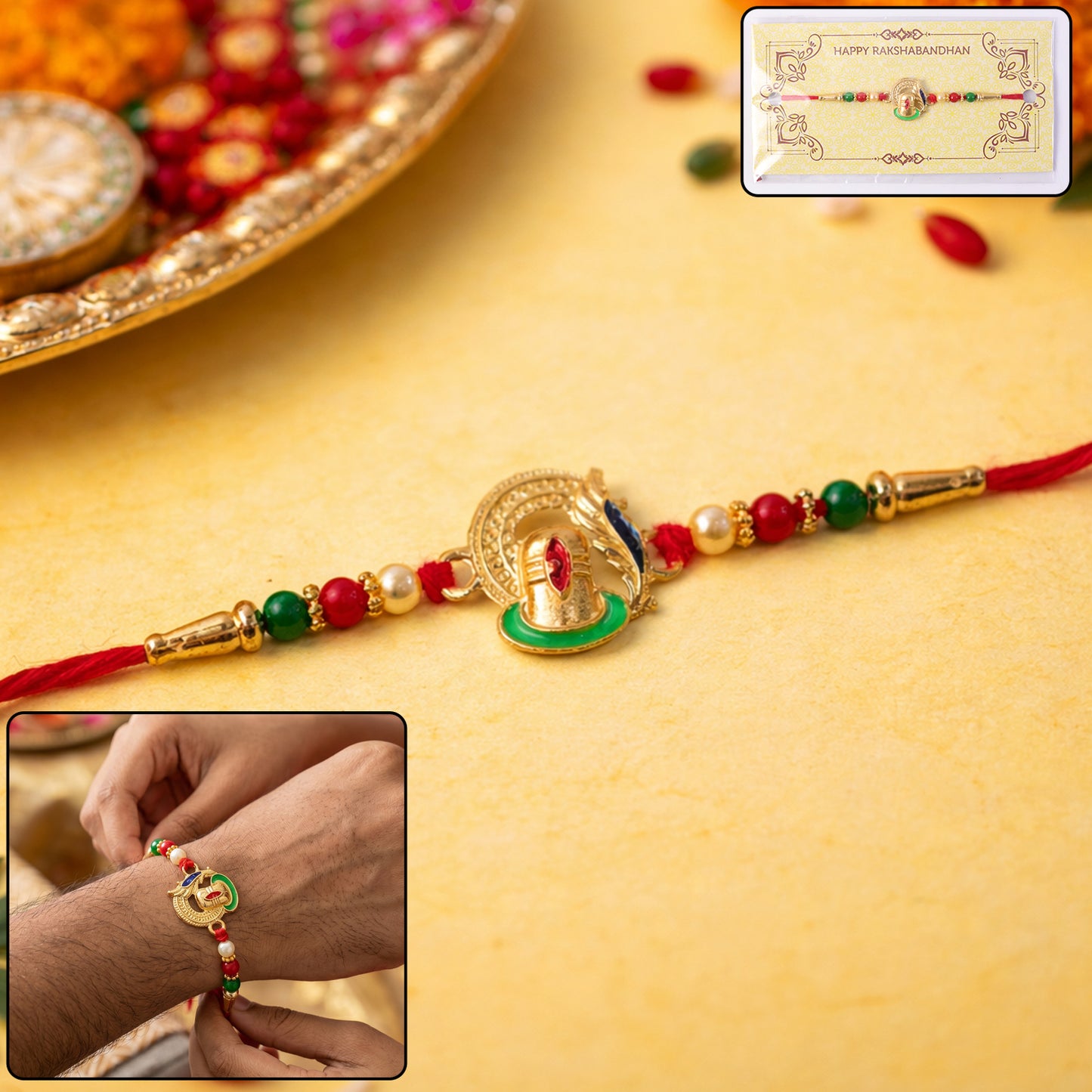 Closeup of designer Ganesha rakhi with colorful beads