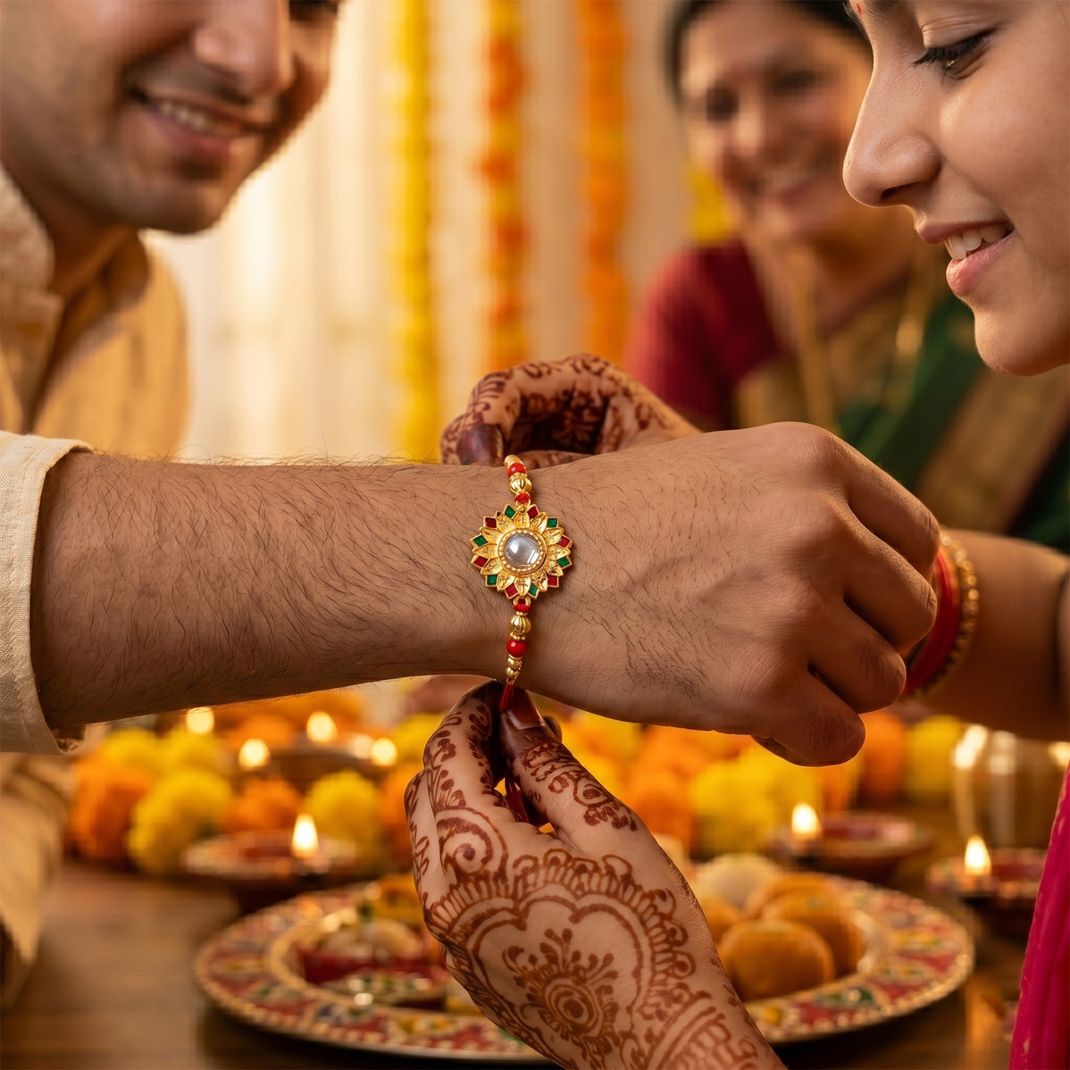 Veera Ki Rakhi placed on decorated plate with flowers