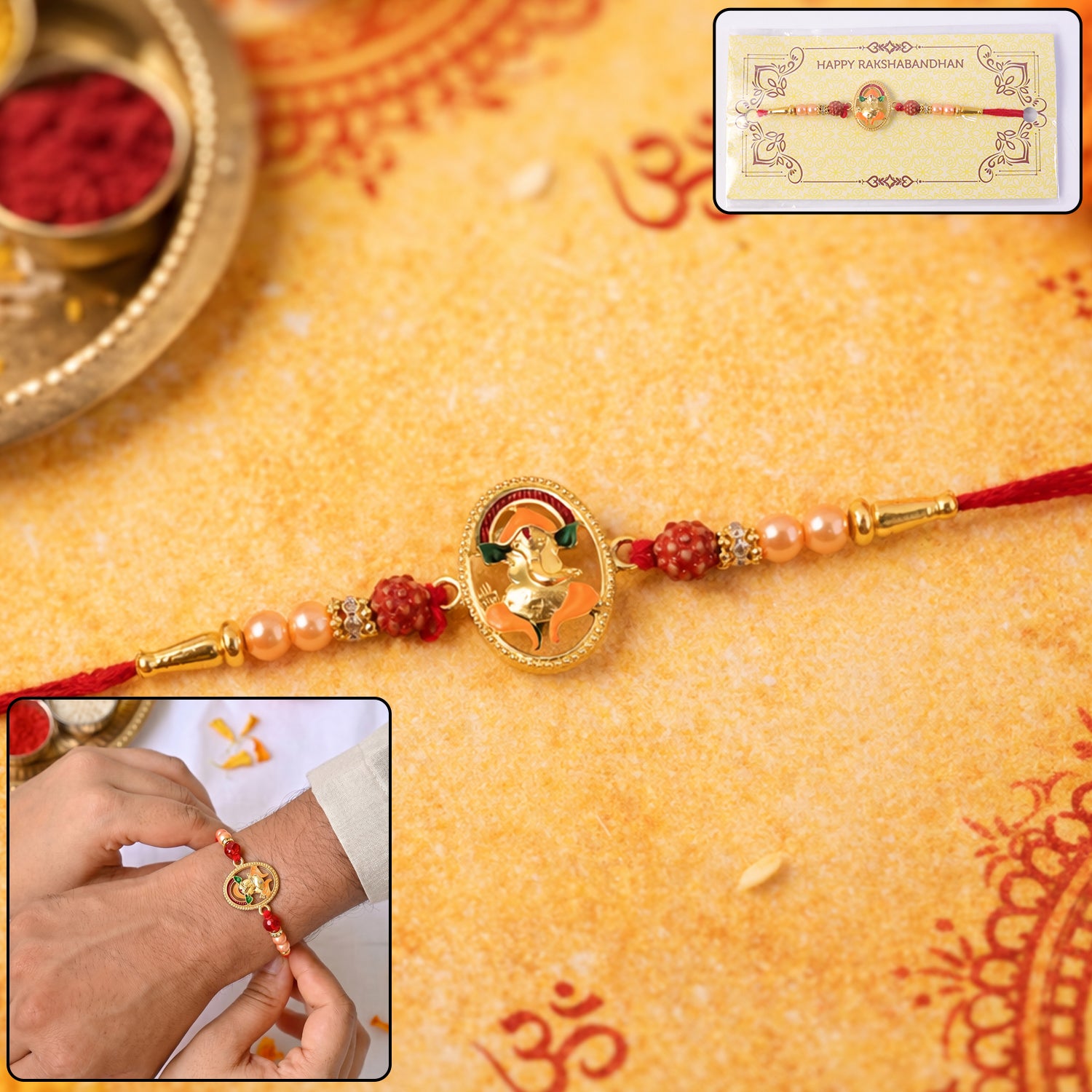 Ganesha rakhi with thread and beads detail