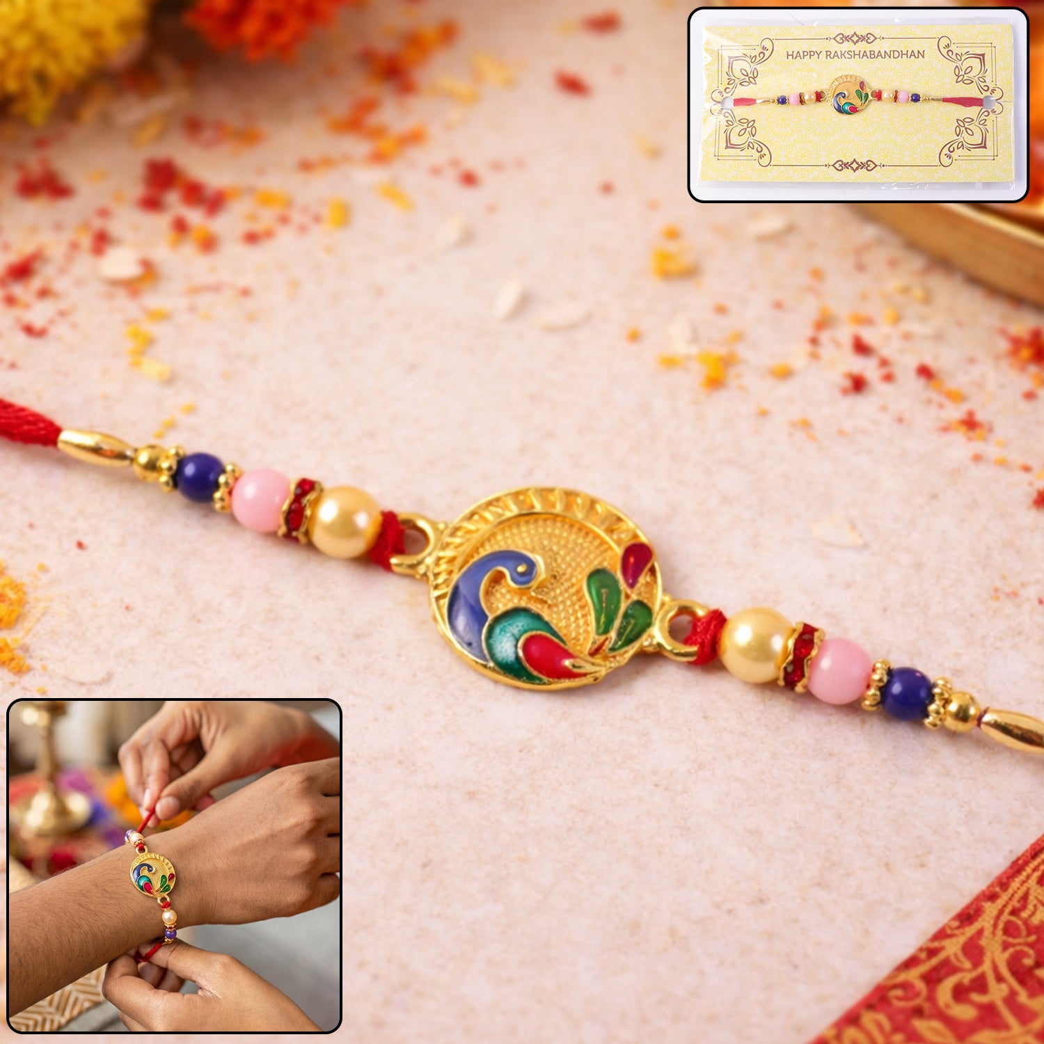 Peacock motif rakhi close-up detail