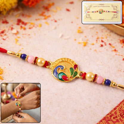 Peacock motif rakhi close-up detail