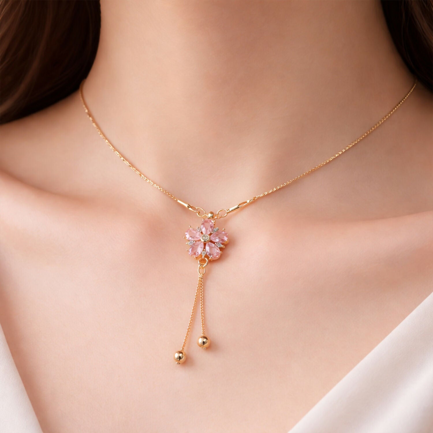 Close-up of pink floral crystal pendant with sparkling centerpiece and gold chain