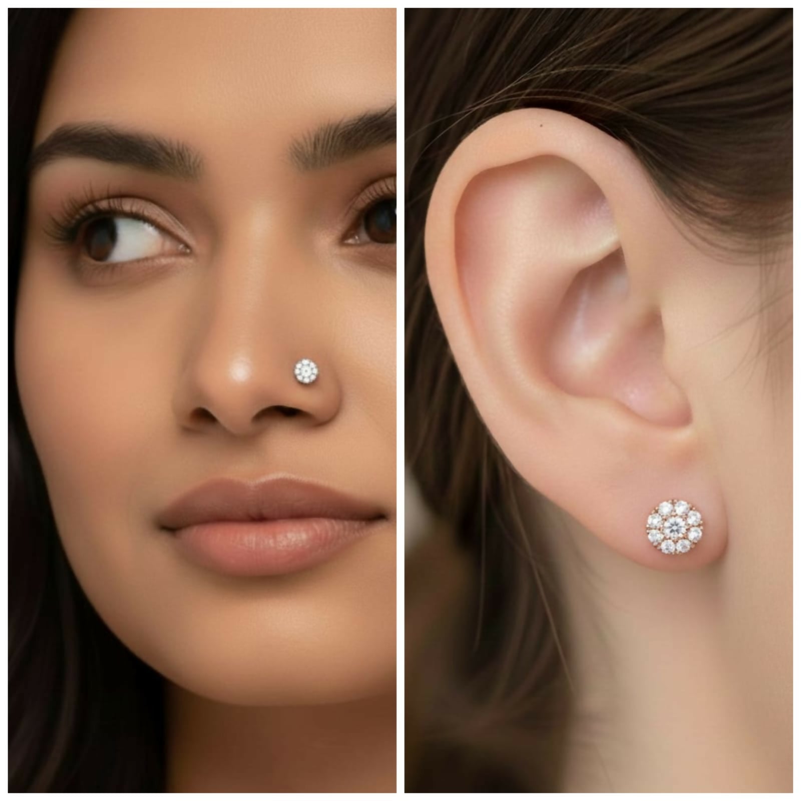 Flat-back rose gold flower crystal stud earrings displayed on neutral background