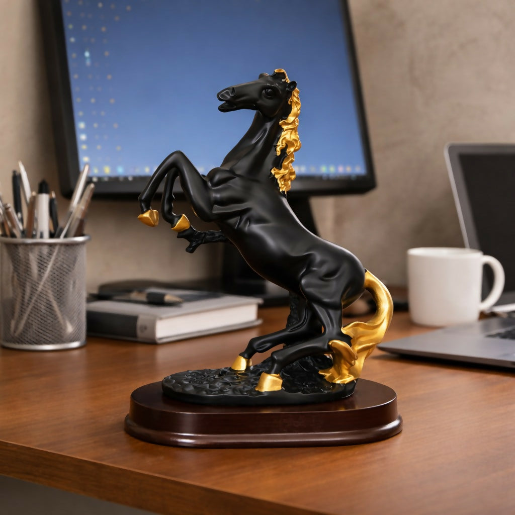 Close-up of horse statue showing gold accents