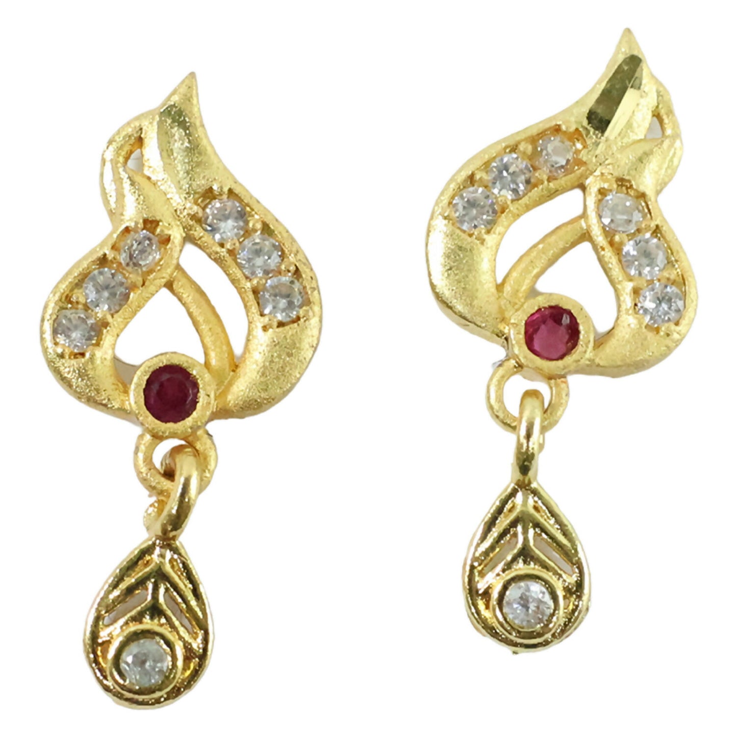 Classic Gold Tone Designer Leaf Earrings With Ruby Accent And Graceful Hanging Drop