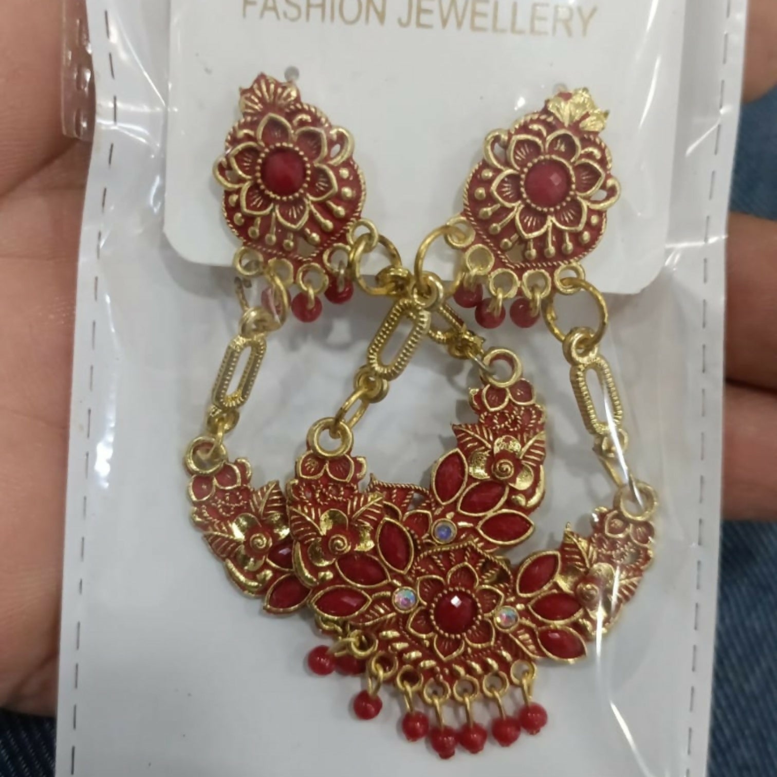 Antique Gold-Plated Red Stone Floral Chandbali Earrings for Women
