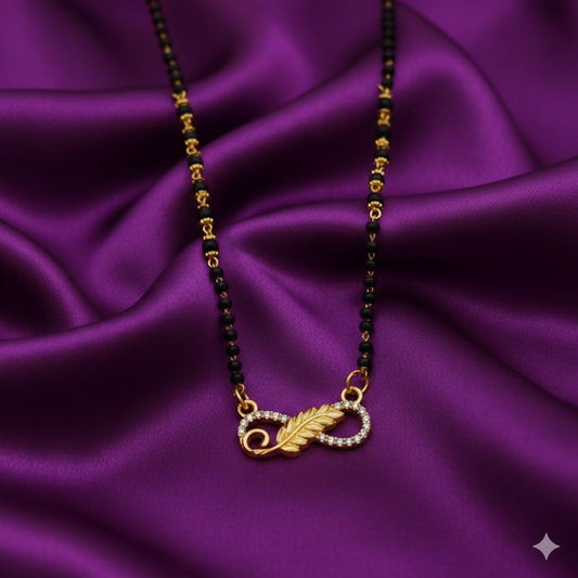 Gold Plated Infinity Leaf AD Mangalsutra with Black Beads for women