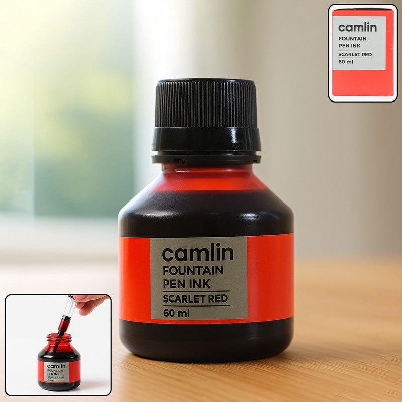 Camlin Scarlet Red Fountain Pen Ink – Smooth Flow Writing Ink for Office & School Use – 60 ml Bottle