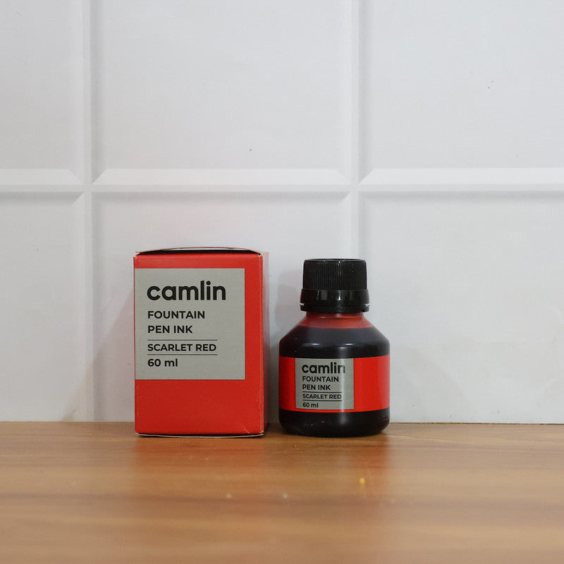Camlin Scarlet Red Fountain Pen Ink – Smooth Flow Writing Ink for Office & School Use – 60 ml Bottle