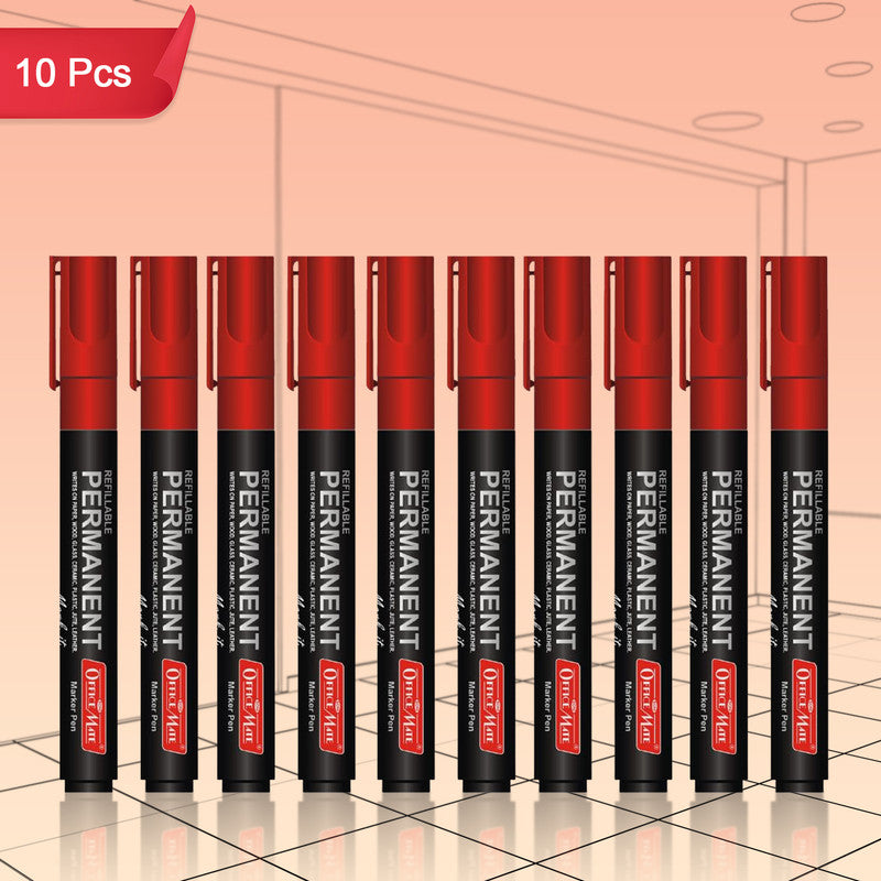 Refillable Permanent Marker Pens Red Ink (10 Pcs) – Bullet Tip, Multi-Surface