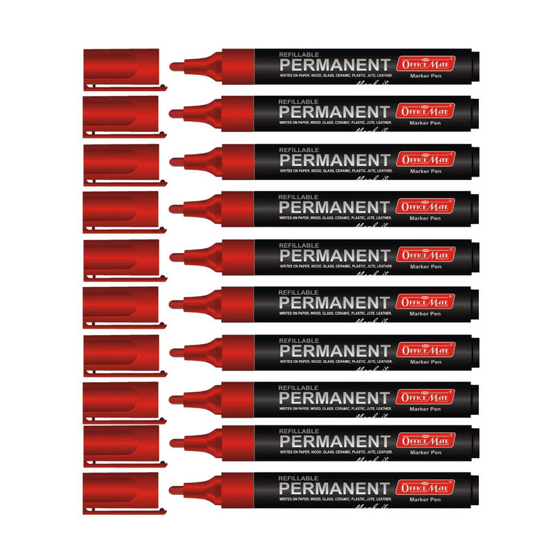 Refillable Permanent Marker Pens Red Ink (10 Pcs) – Bullet Tip, Multi-Surface