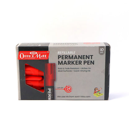 Refillable Permanent Marker Pens Red Ink (10 Pcs) – Bullet Tip, Multi-Surface