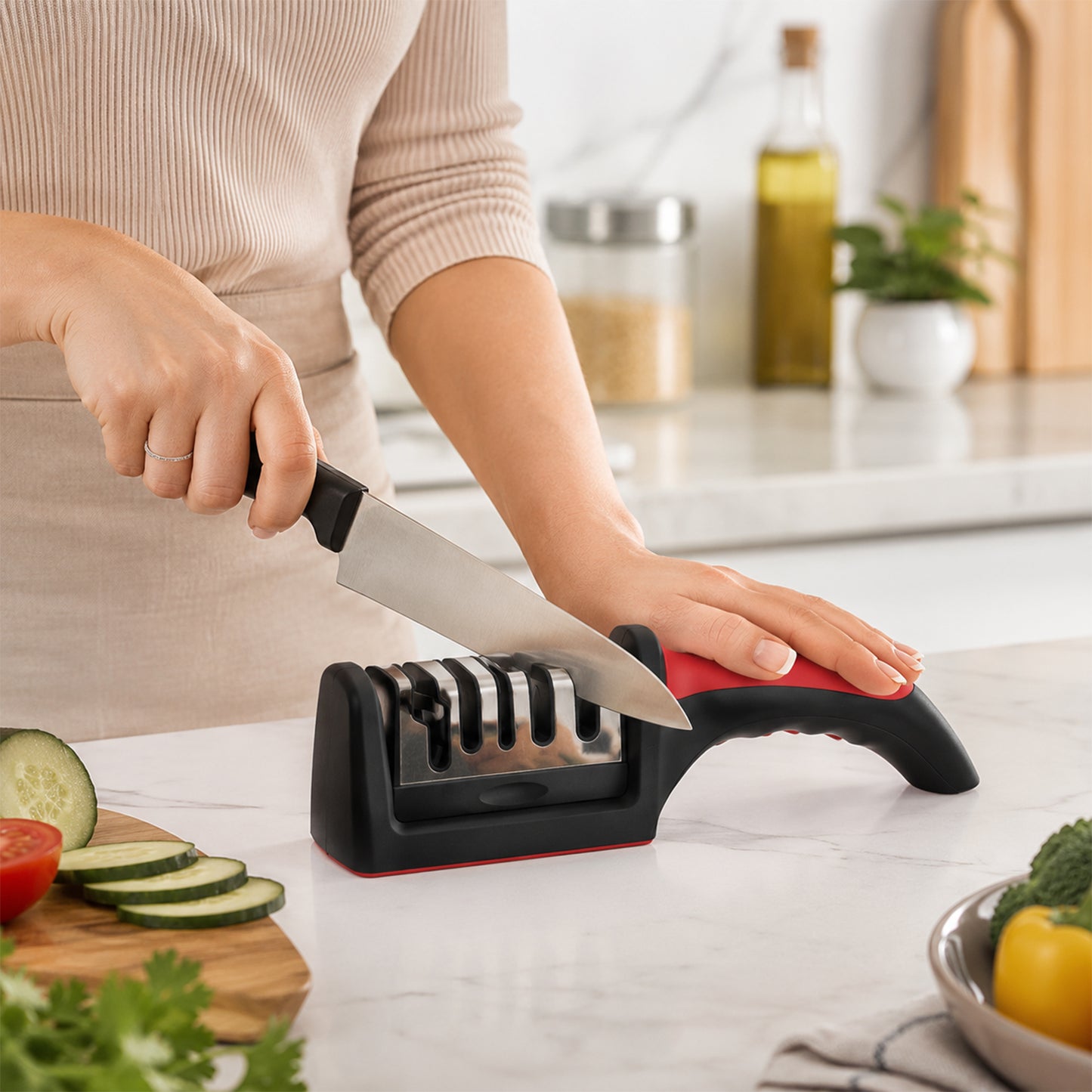 4 Stage Knife Sharpener Tool for Kitchen Knives with Non Slip Handle (1 Pc)