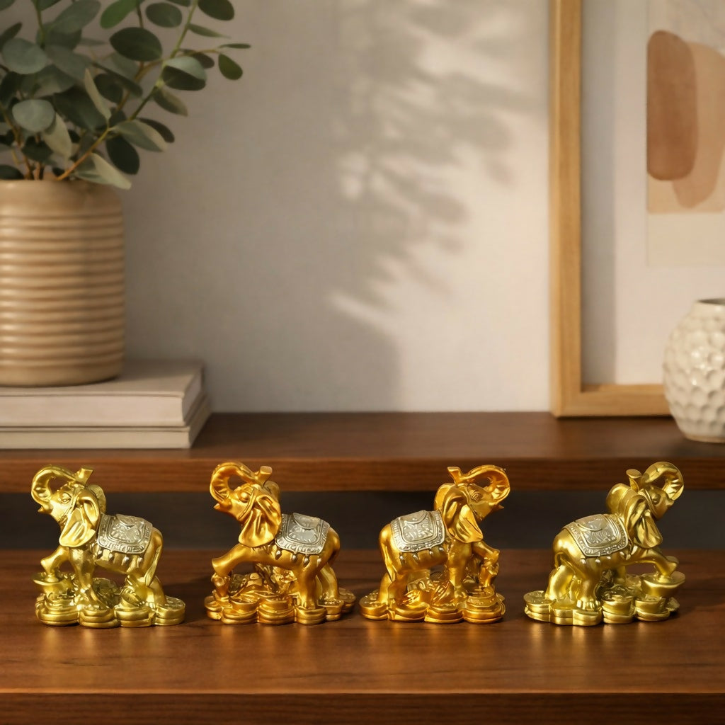 Golden Elephant Showpiece Set of 4 for Home Decor, Wealth & Good Luck