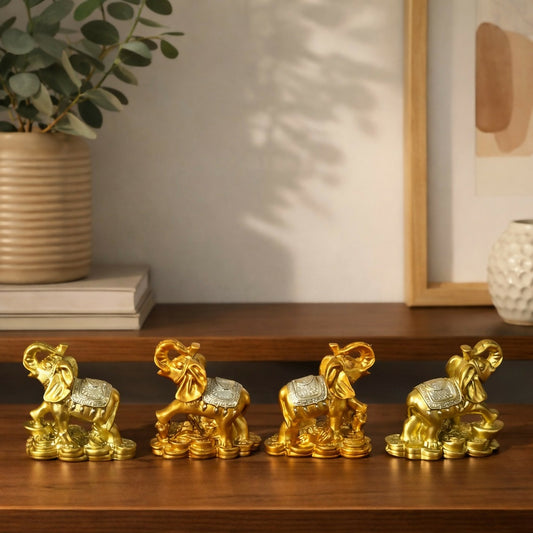 Golden Elephant Showpiece Set of 4 for Home Decor, Wealth & Good Luck