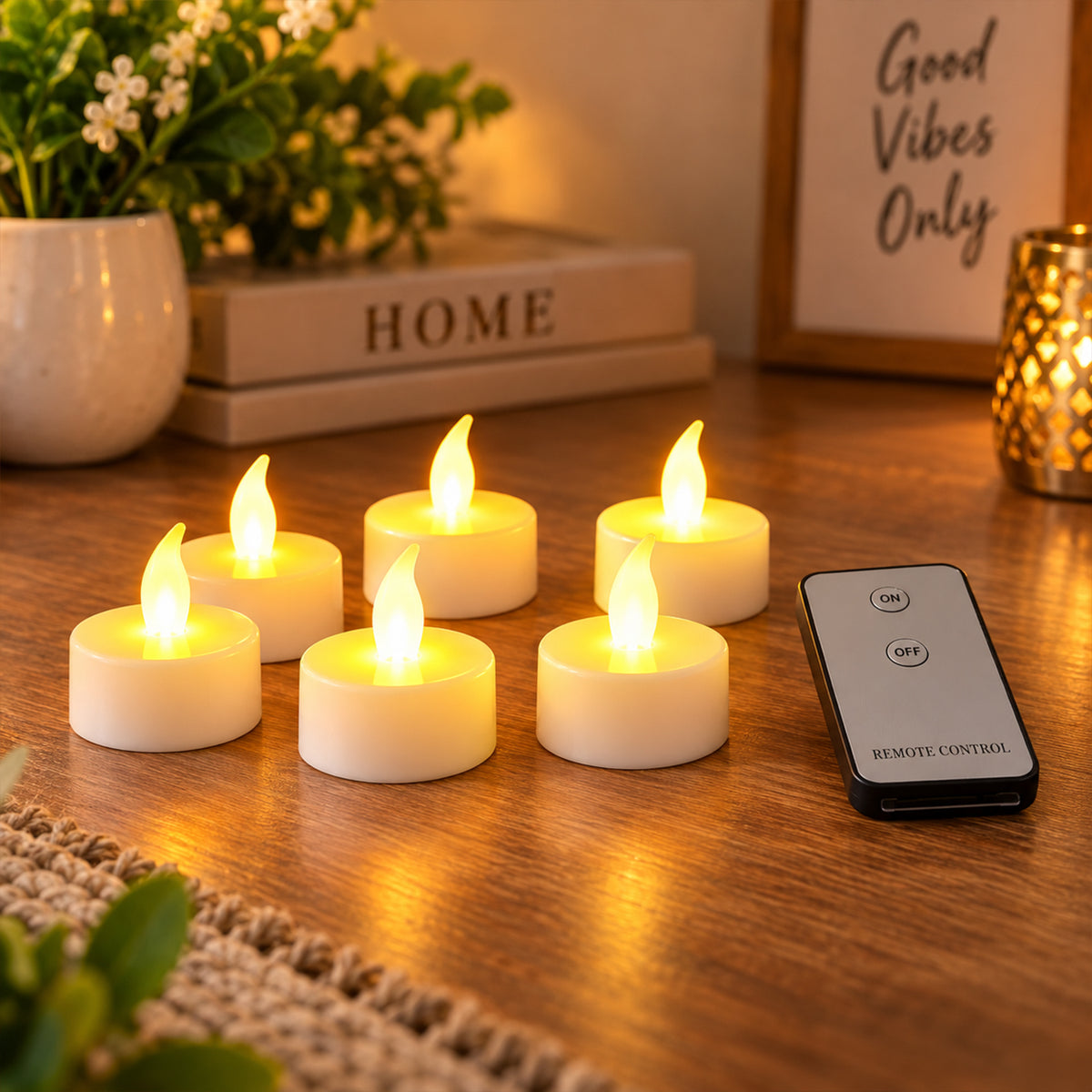 Six white LED flameless candles glowing on a wooden table next to a potted plant and decorative books.