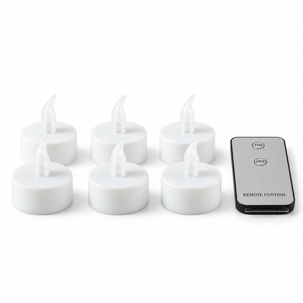 Six white LED flameless candles with clear plastic flames and a gray remote control on a white background.