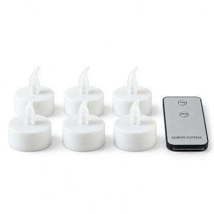 Six white LED flameless candles with clear plastic flames and a gray remote control on a white background.