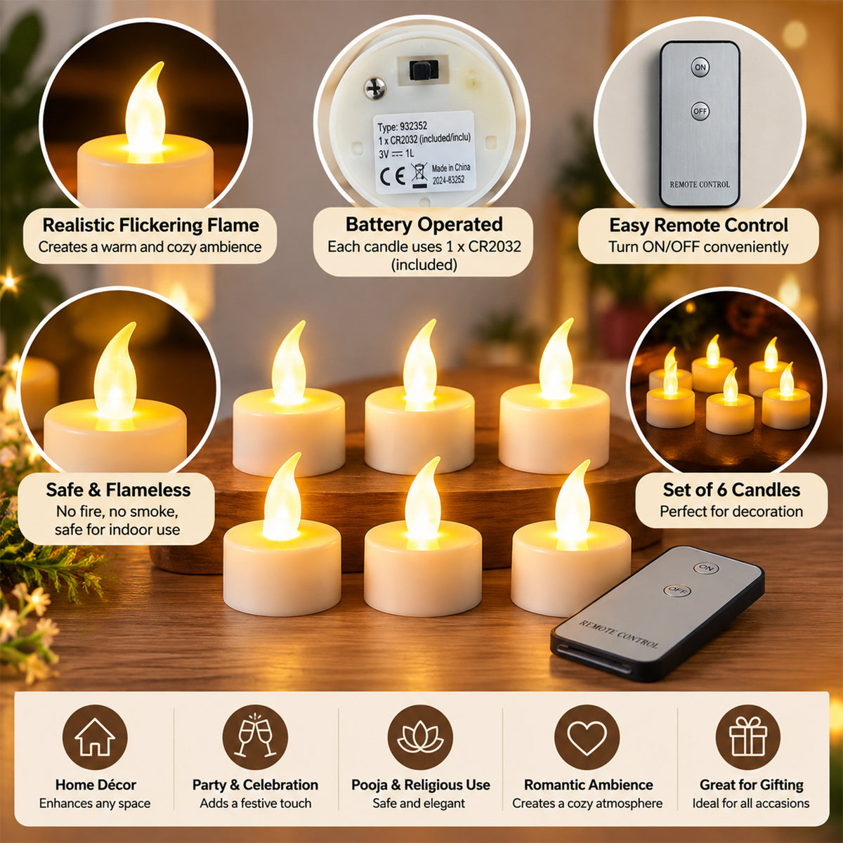 A collage of images showing six glowing LED candles, a remote, and descriptive text about the product features.