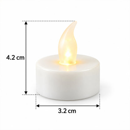 A single white LED flameless candle with a glowing flame, showing dimensions of 4.2 cm height and 3.2 cm width.